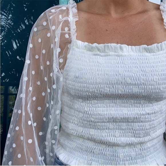 Iris White Sheer Princess Smocked Polka Dot Blouse Top M - Picture 6 of 8